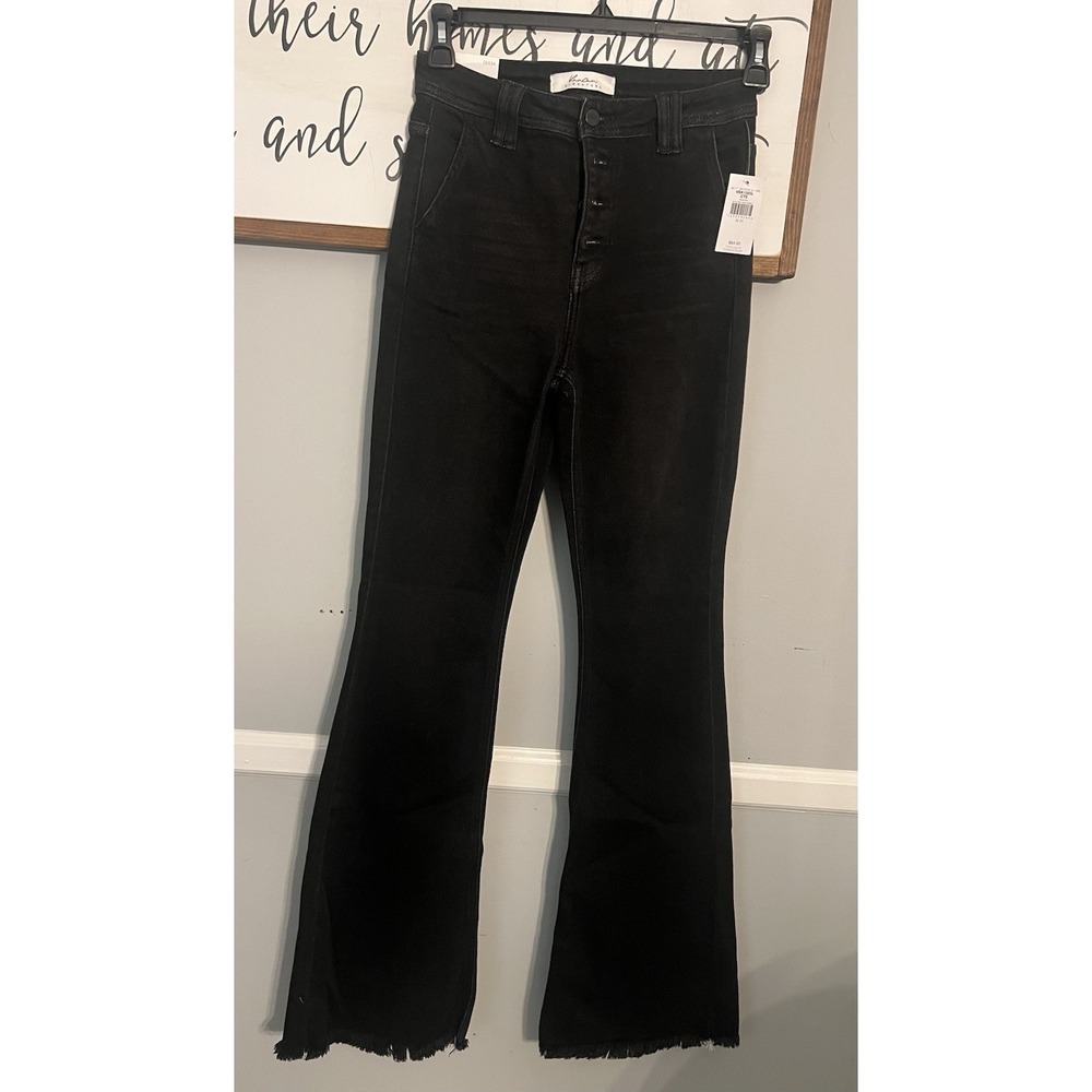 NWT! KanCan Gray/Black Jeans Ultra High Rise Flare Distressed Hem Women's 26x34